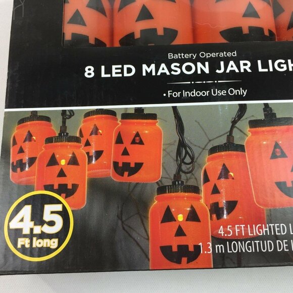 Halloween 8 LED Mason Jar Indoor Lights Battery Operated Orange Jack-O-Lantern - Picture 2 of 2